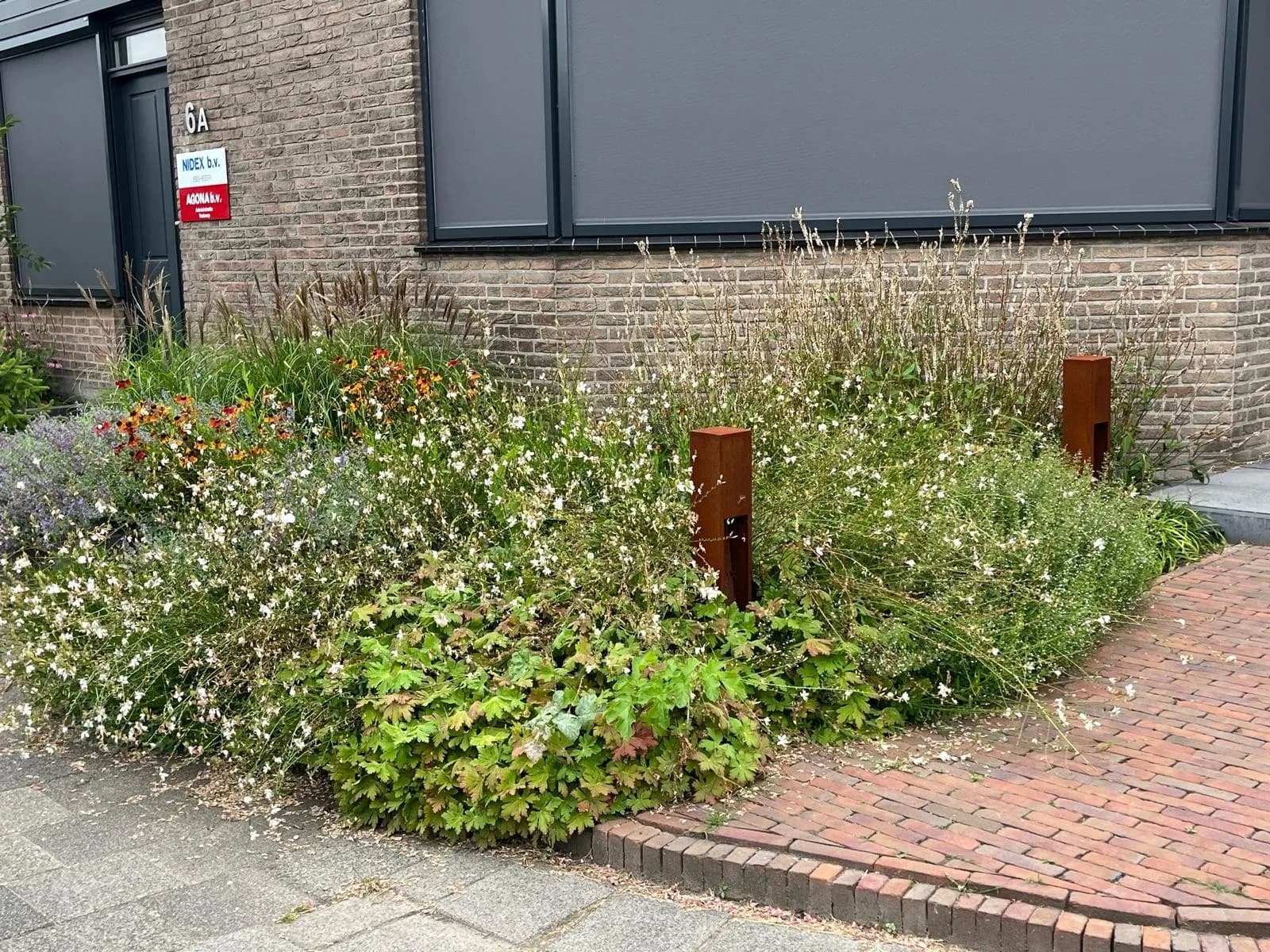 Border met gaura en cortenstalen tuinverlichting langs de gevel