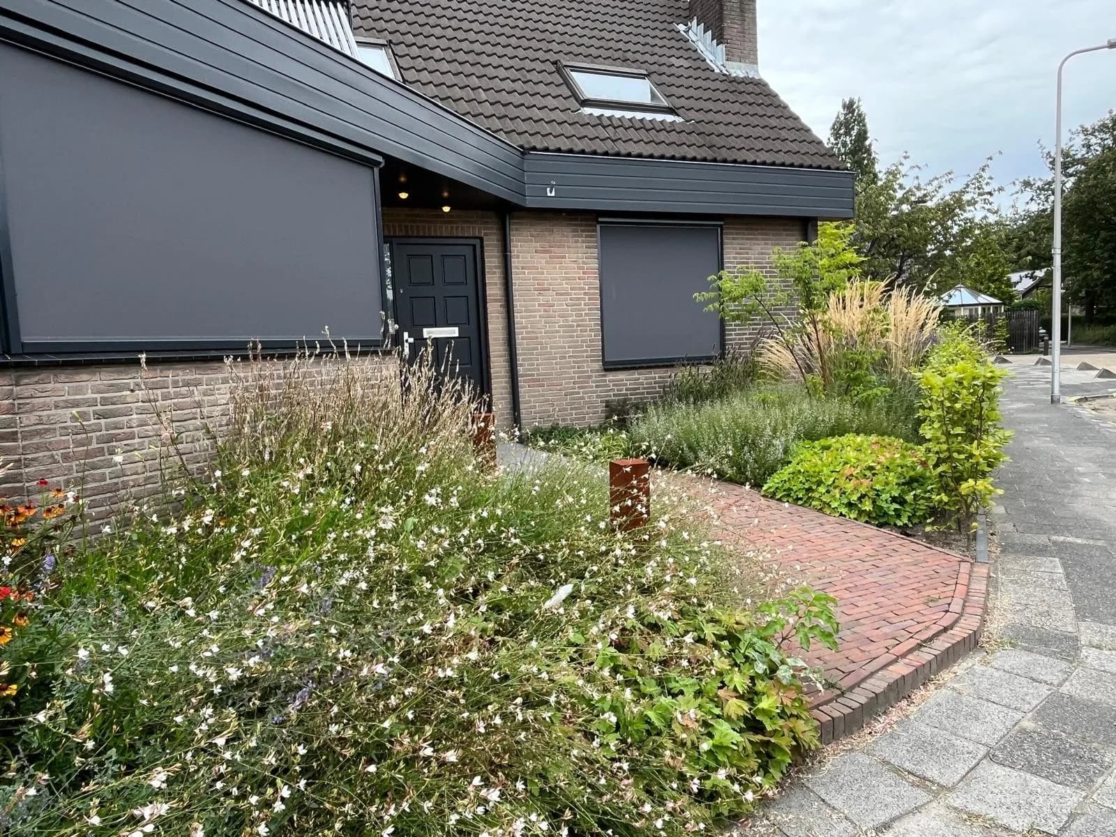 Border op de hoek van de voortuin, met gaura langs een klinkerrand