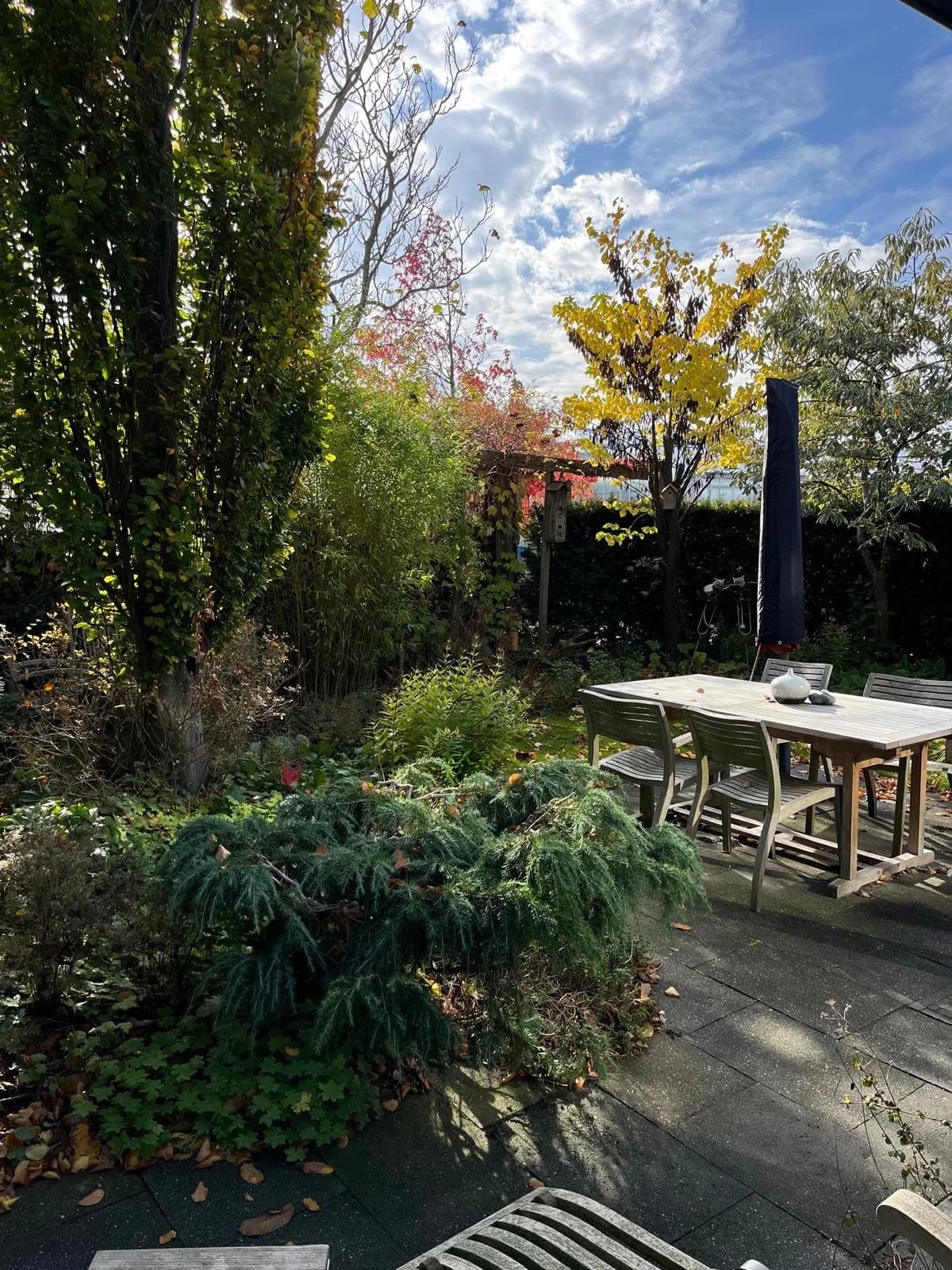 Herfstkleuren boven een terras met tafel en stoelen