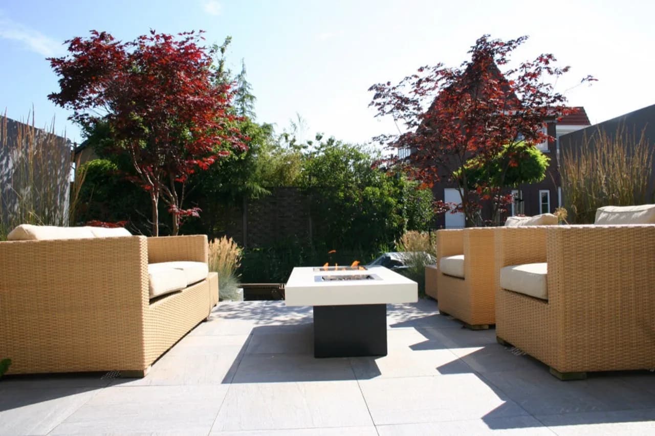 Luxe tuin met twee grotere Japanse esdoorns die zorgen voor beslotenheid en privacy